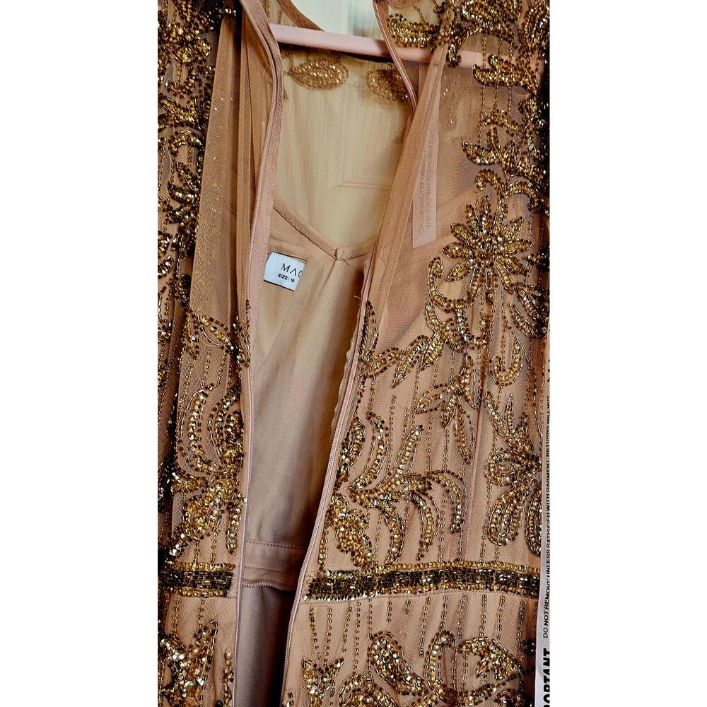 Mac Duggal Beaded Illusion Puff Sleeve Gown - Nude Gold Size 16 - NWT - Picture 12 of 14